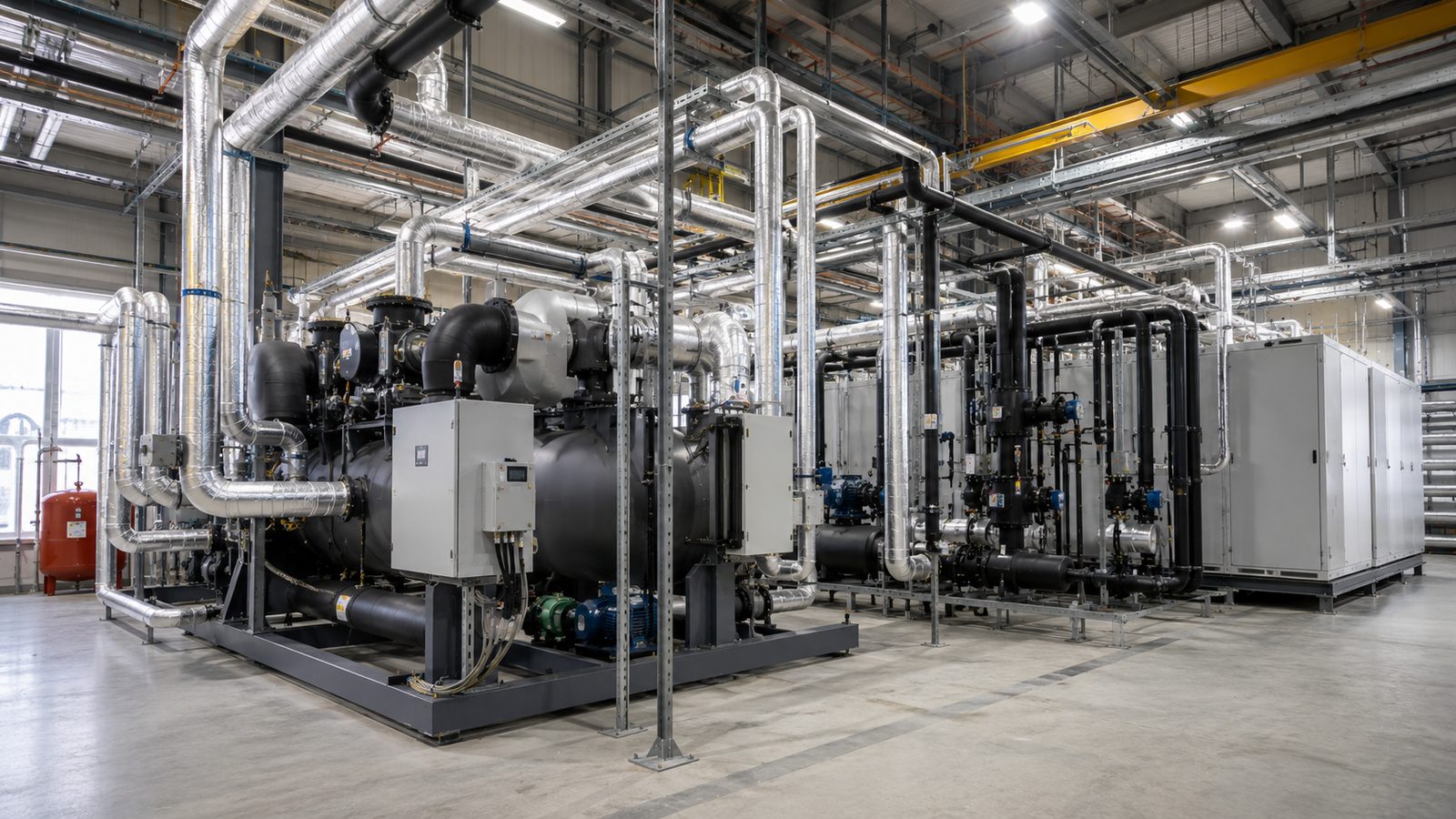 Industrielle Kältezentrale mit großen Rohrleitungen und Wärmepumpenanlage