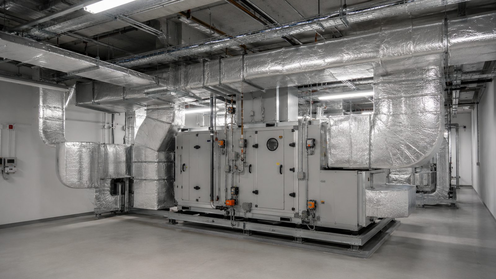 RLT-Zentrale mit Lüftungskanälen im Technikraum