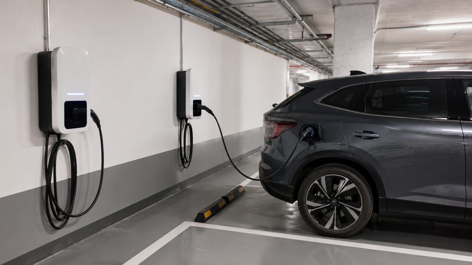 Wallboxen mit ladendem Elektroauto in einer Tiefgarage