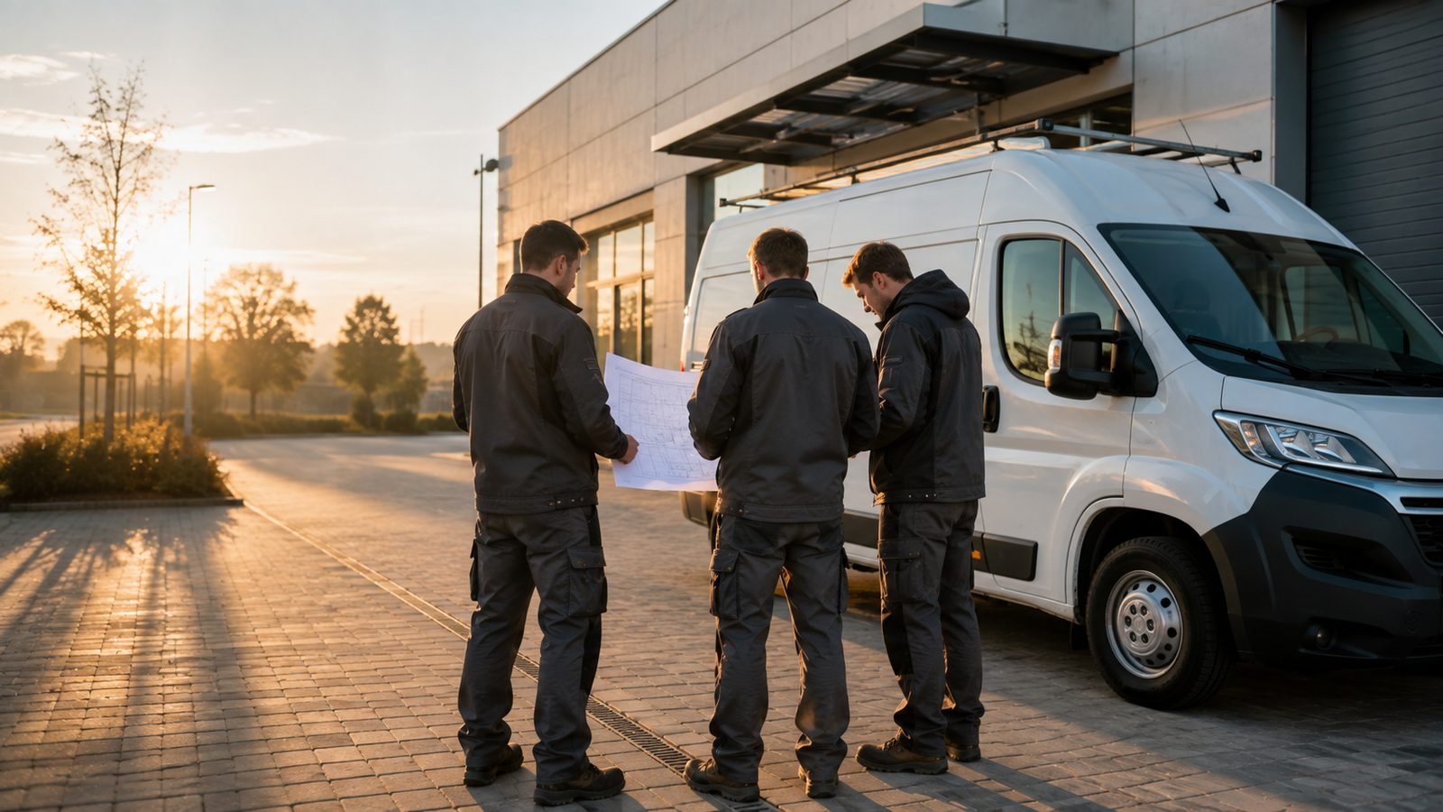 Team bespricht einen Bauplan am Servicefahrzeug